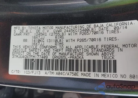 2015 Toyota Tacoma Prerunner V6 z USA, uszkodzony, nr VIN 3TMJU4GN7FM177409